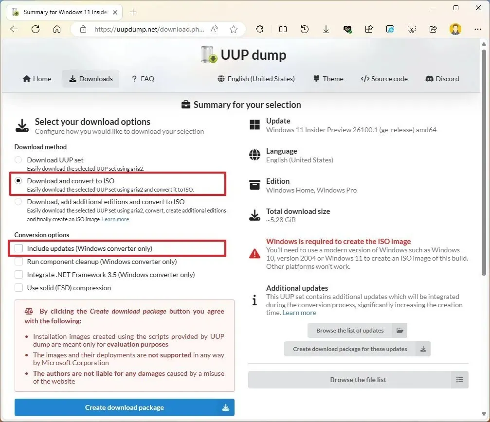 UUP ダンプのダウンロードと ISO 変換ツール