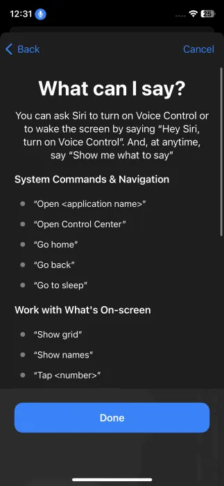 Toque no botão Concluído para finalizar a configuração do Controle por Voz no iPhone.