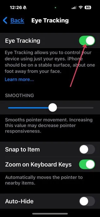 Activar y desactivar el seguimiento ocular en el iPhone.