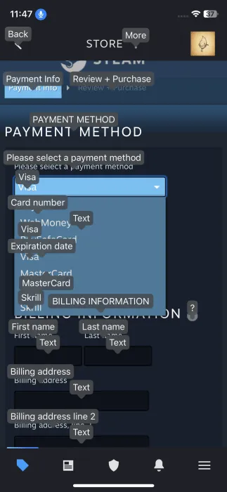 Cómo ingresar datos de pago con voz en la aplicación Steam en iPhone.