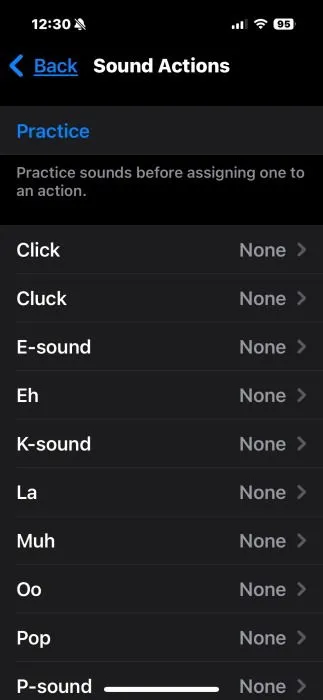 View of Sound Actions in iPhone Settings.