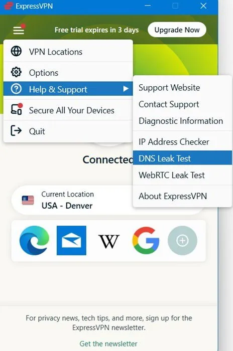 Doing a DNS leak test and WebRTC test on ExpressVPN app for PC.