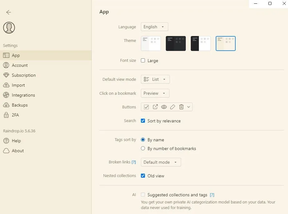 Configuración de la aplicación de gestión de marcadores Raindrop.