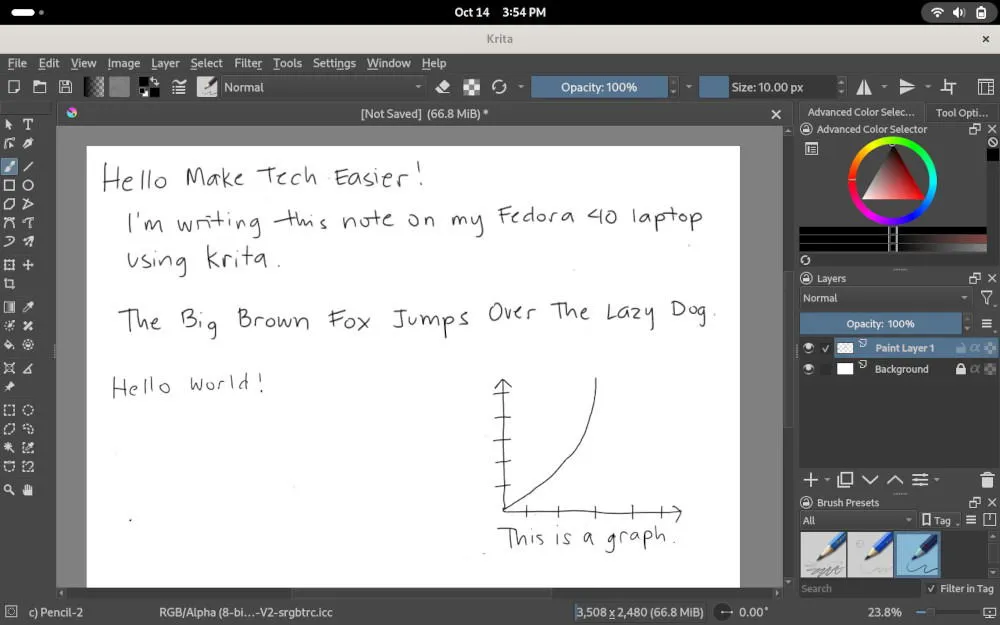 Werken met de Wacom-digitizer op Fedora 40.