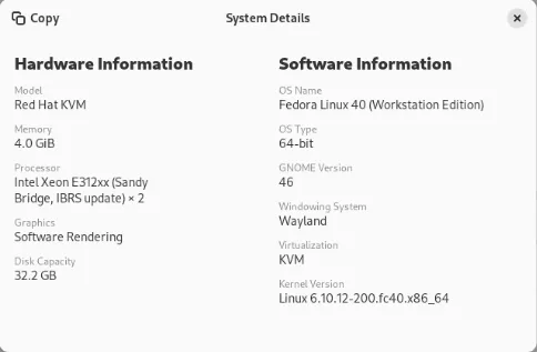 Systeemdetails van mijn virtuele Fedora-machine.