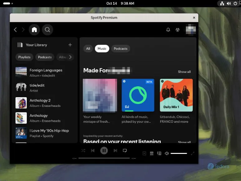 Client desktop Spotify funzionante su Fedora.