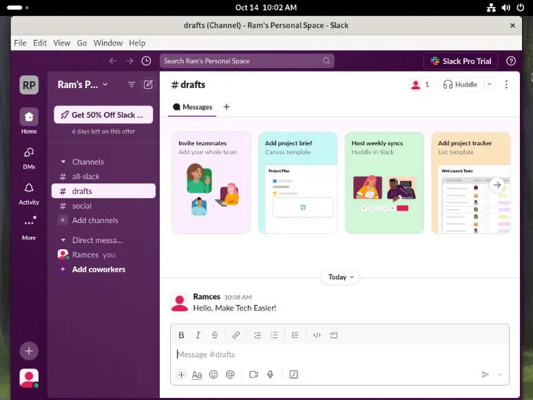 Slack-desktopclient in actie op Fedora 40.