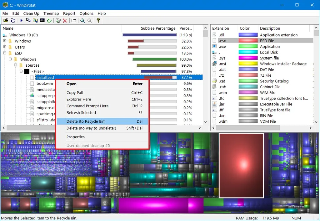 Options de nettoyage de WinDirStat