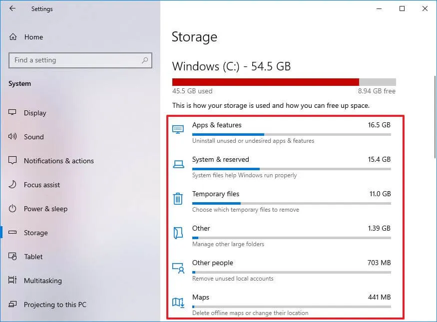 Windows 10 storage usage for the main drive