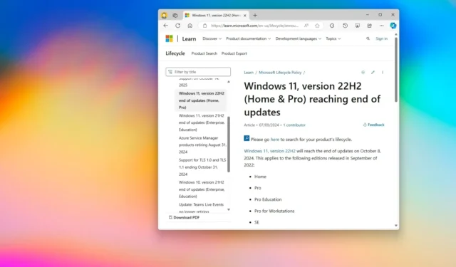 Fim do suporte para Windows 11 22H2 em 8 de outubro de 2024