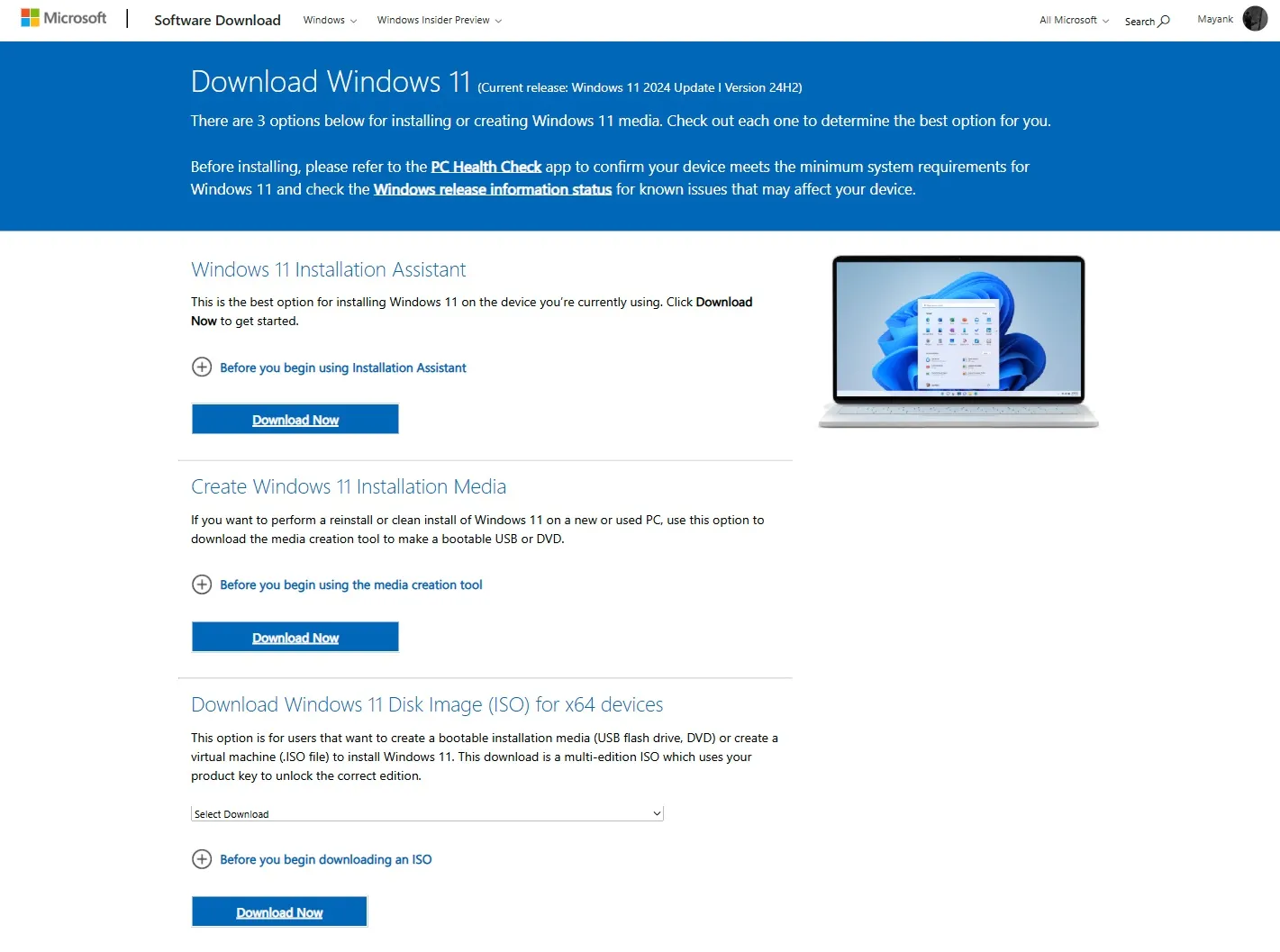 Downloadseite für Windows 11 24H2