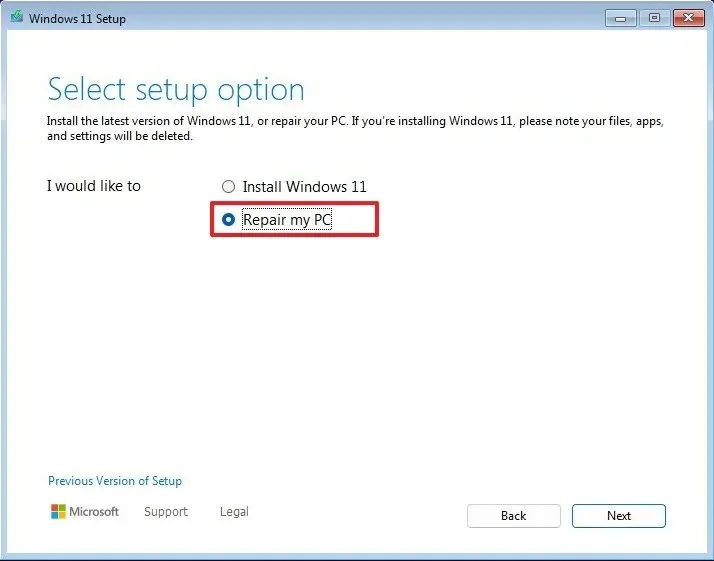 Windows 11-Setup – Option „Meinen PC reparieren“