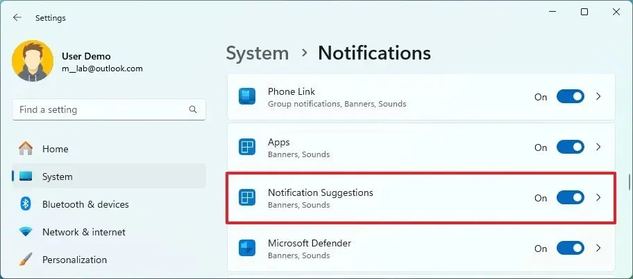 Sugestões de notificação do Windows 11