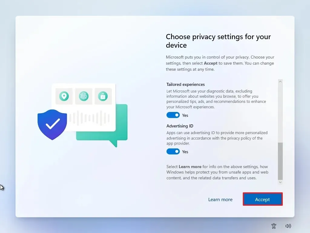 Configurações de privacidade do Windows 11 OOBE