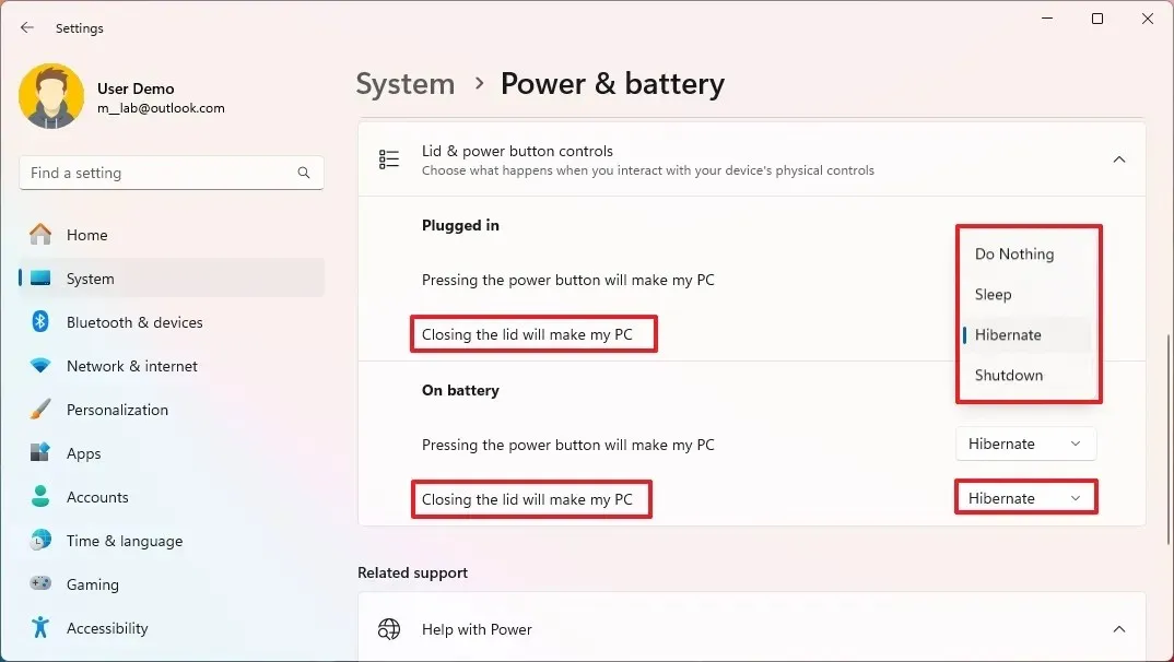 Windows 11 Settings modify lid closure action