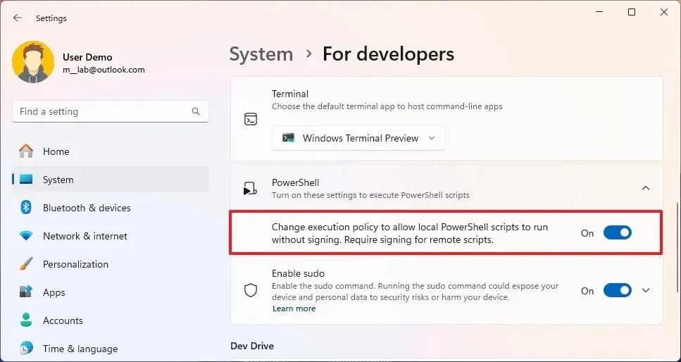 Windows 11 Settings change PowerShell execution