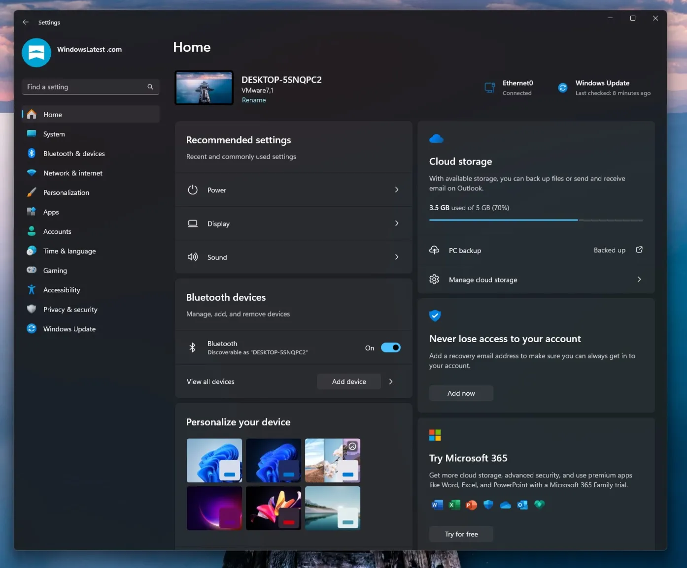 Windows 11 Instellingen startpagina