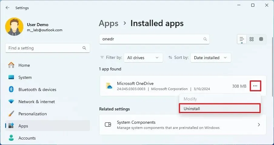 App Impostazioni per disinstallare OneDrive