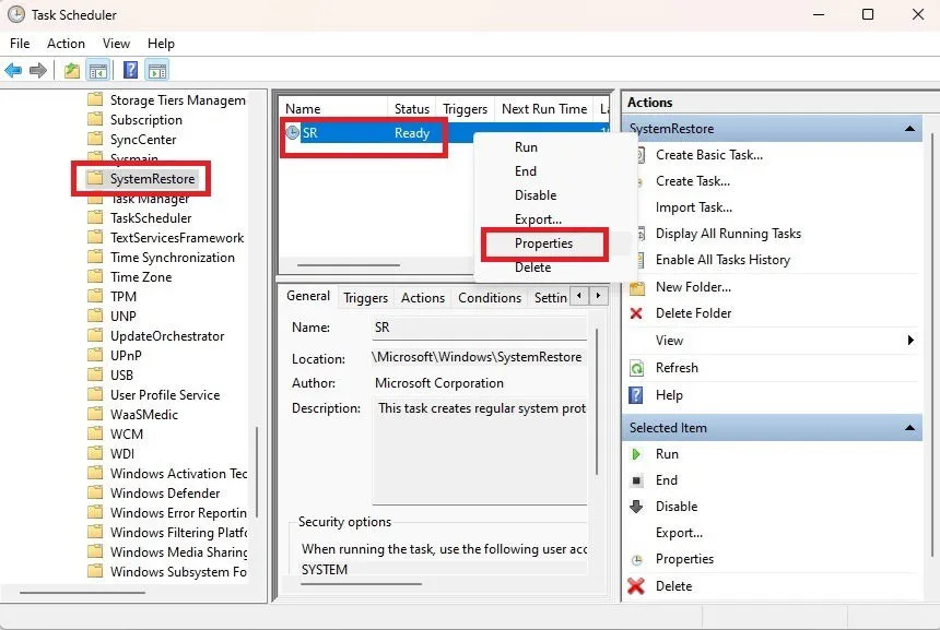 Wählen Sie „Eigenschaften“ für die Aufgabe „Systemwiederherstellung“ aus.