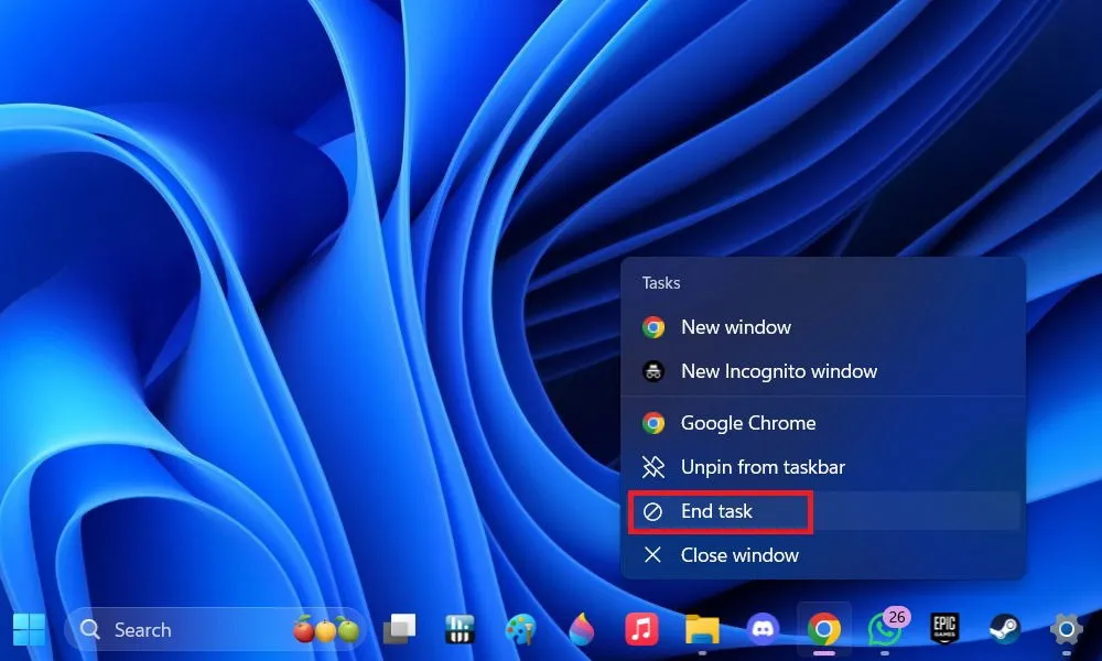 In der Taskleiste von Windows 11 wird die Option „Task beenden“ für eine aktive Anwendung angezeigt.