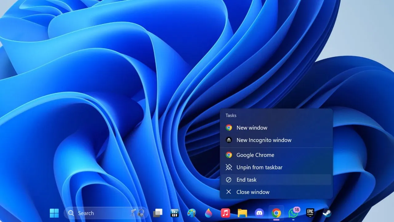 Windows 11 desktop showcasing the End Task feature in the taskbar.