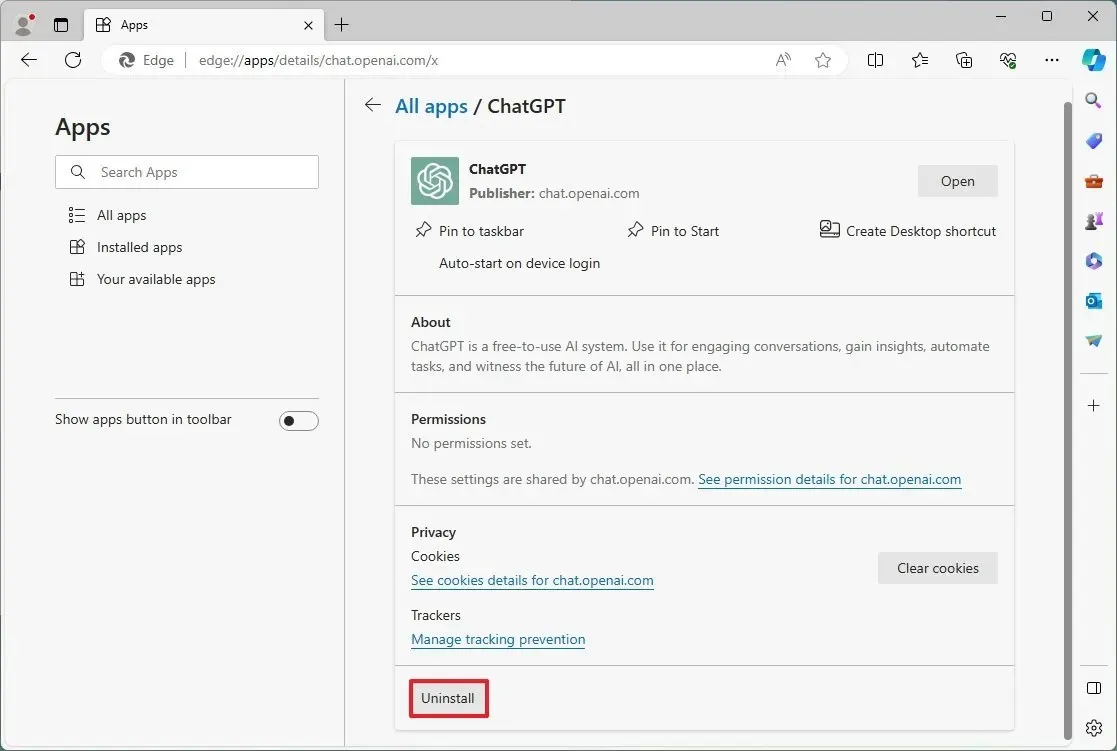 Disinstallazione di ChatGPT da Edge