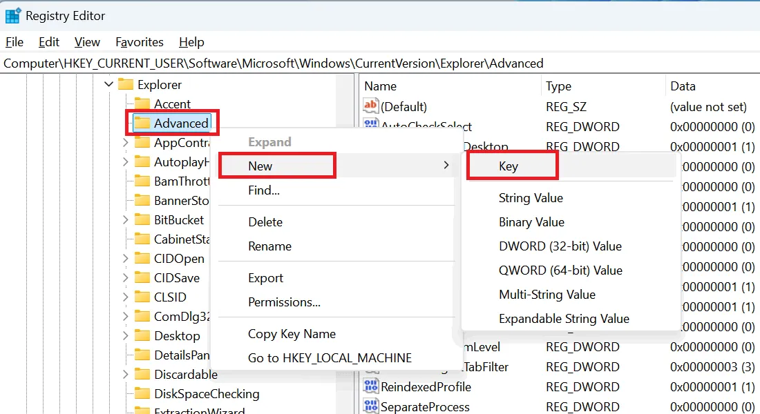 Adding a new key in the Windows Registry Editor for Explorer.