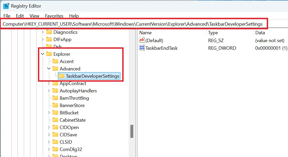 Windows Registry Editor showing the TaskbarDeveloperSettings key and its sub-folders.