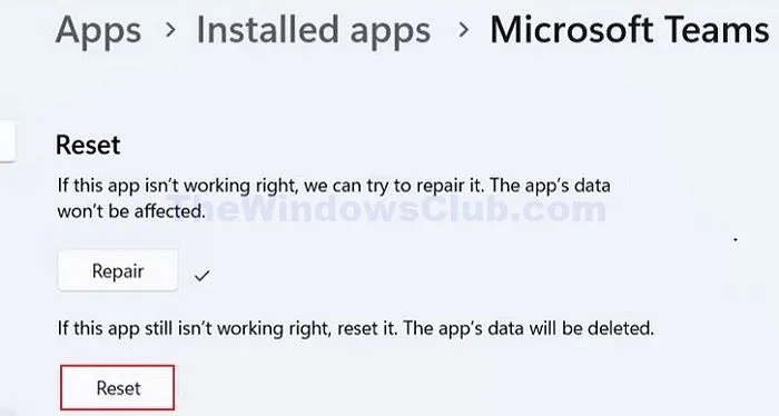 在 Windows 上重置 Teams 應用程式