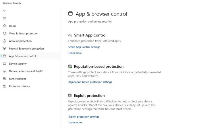 Fonctionnalités de contrôle des applications et du navigateur dans Windows Security.