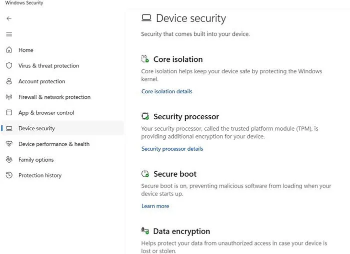 Device security features within Windows Security, including Core isolation, Secure Boot, and Security processor.