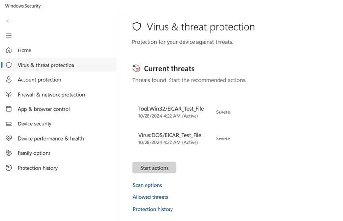 Windows Security identifie rapidement le fichier de test du malware EICAR.