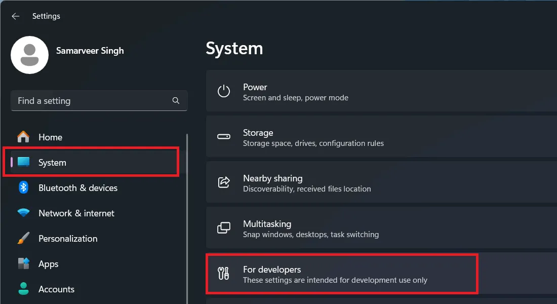 Configuración de Windows que muestra las opciones de desarrollador disponibles.