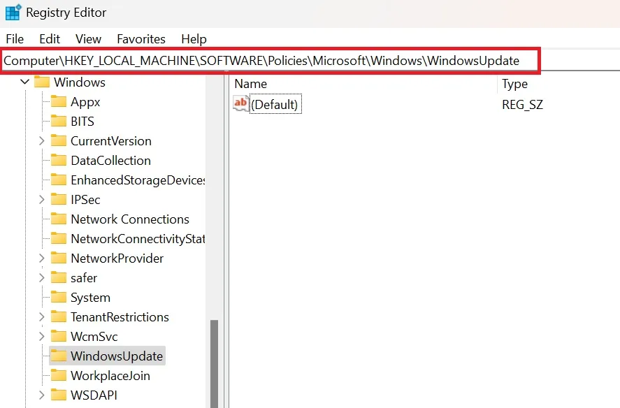 登錄編輯器中的 Windows Update 子項