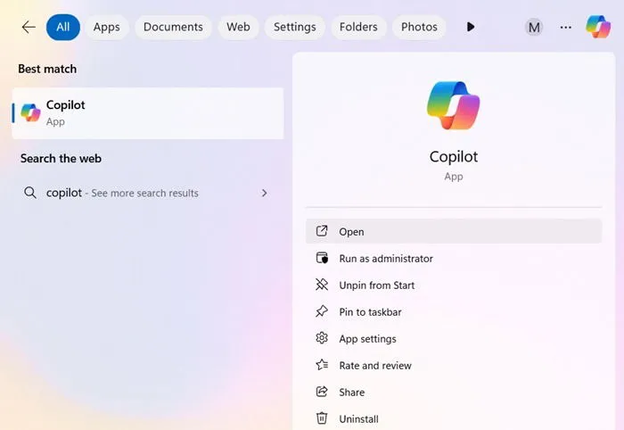 De Copilot-app is te vinden in het Startmenu van Windows 11, 24H2.