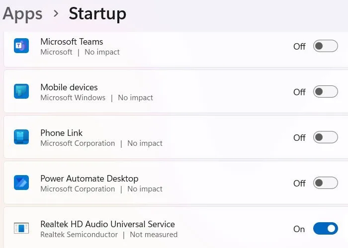 Disattivazione della maggior parte delle app di avvio, ad eccezione di Realtek, in Windows 11.