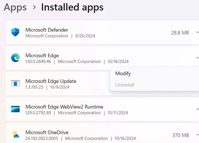 L'opzione di disinstallazione di Microsoft Edge è disattivata in Windows 11.