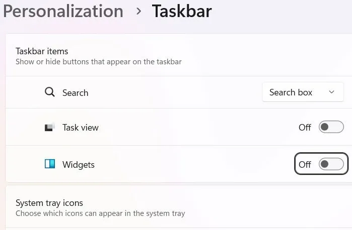 Désactivation des widgets dans les paramètres de la barre des tâches.