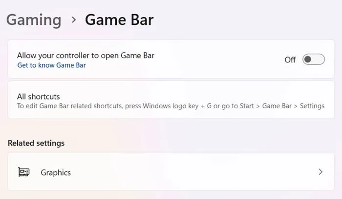 Deaktivieren der Game Bar für den Controller in Windows 11.