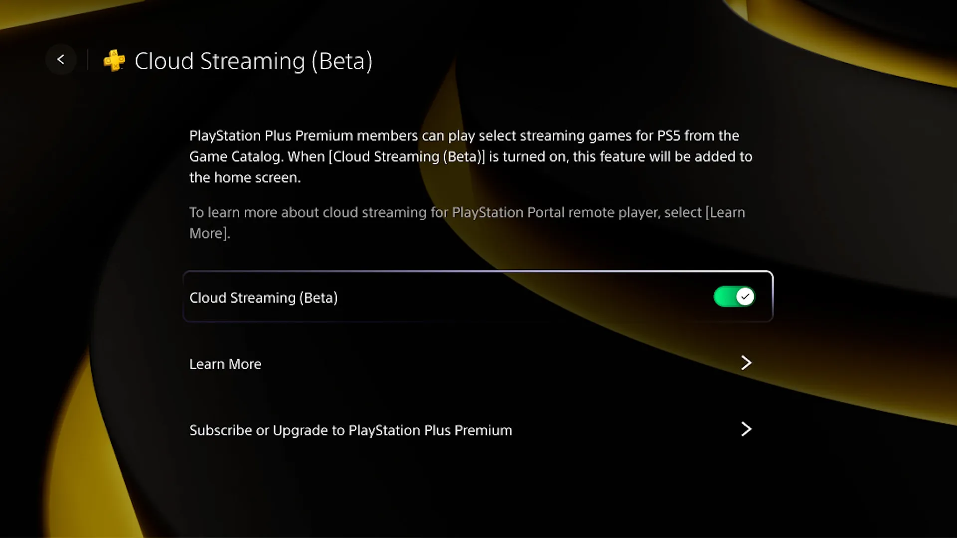 Captura de tela da interface do usuário do PS Portal exibindo o menu de aceitação para o beta de streaming na nuvem