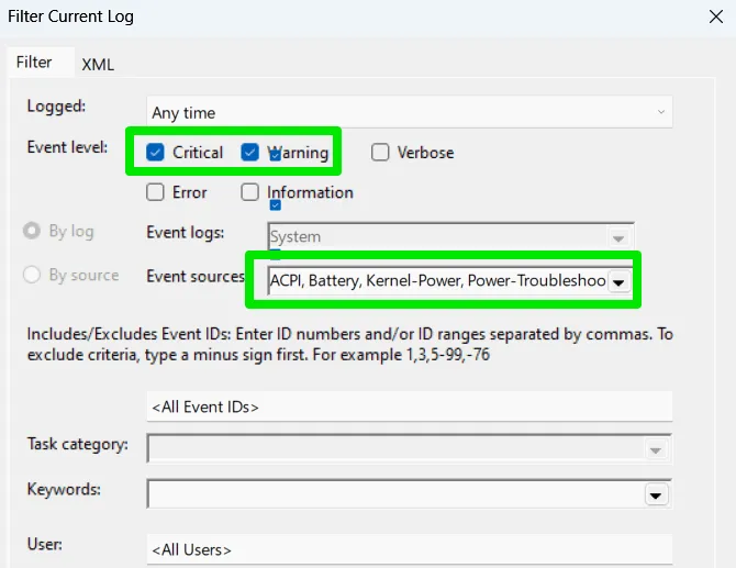 Opcje filtrowania w Podglądzie zdarzeń systemu Windows