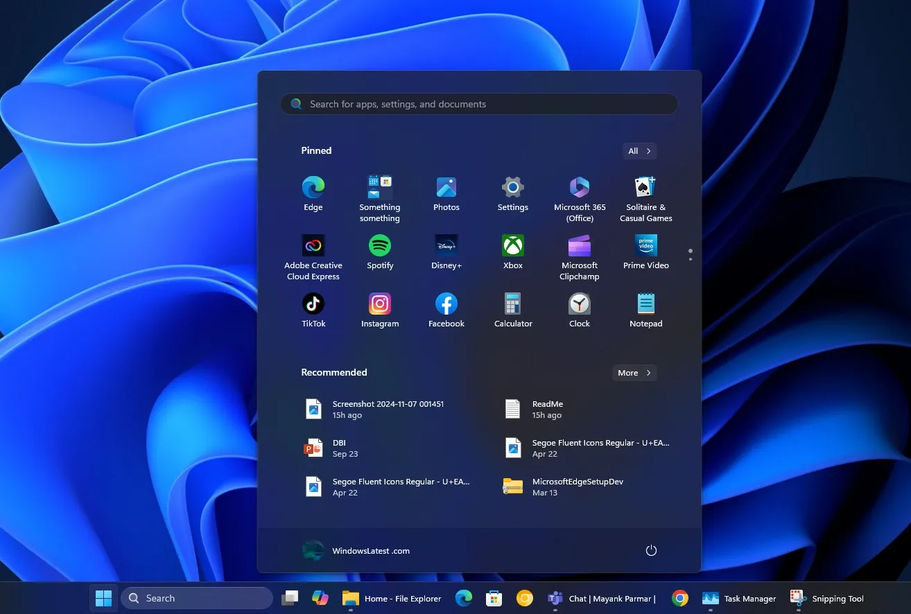 All button in the Start menu