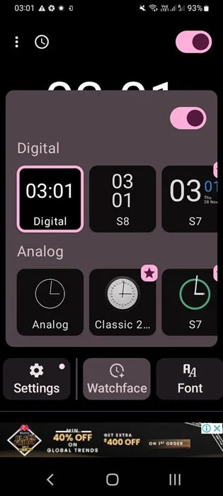 Always ON AMOLED-app met digitale en analoge watchface-instellingen.