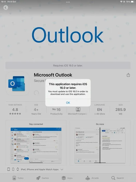 O aplicativo Outlook em um iPad requer iOS 16 para funcionar corretamente.