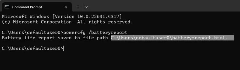 Battery Report command in Command Prompt