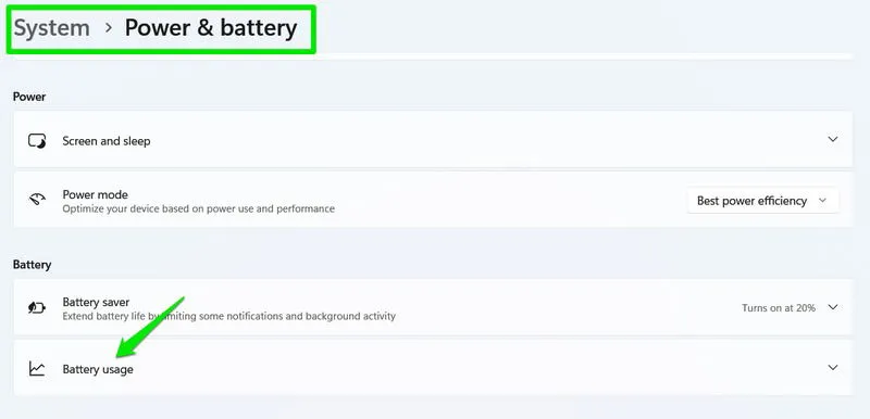 Opción de Uso de batería en la configuración de Windows