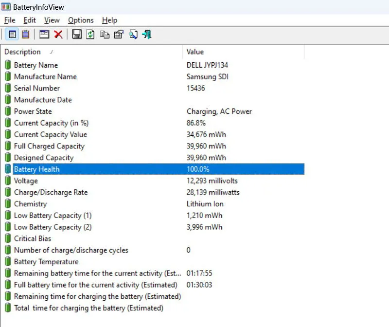 Interfaz de usuario de BatteryInfoView