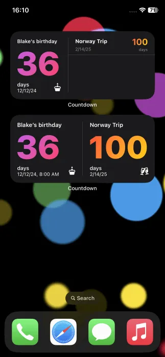 Countdown widgets on iPhone home screen.