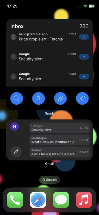 iPhone home screen showcasing Spark and Gmail widgets.