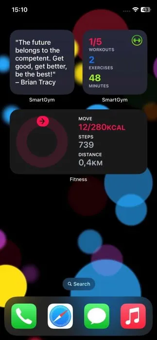 Fitness widgets displayed on iPhone home screen.